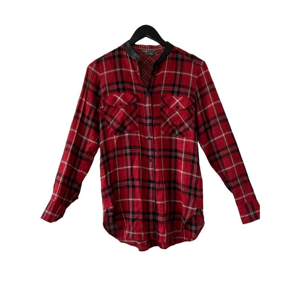 Vince Holiday Plaid Lamb Leather Trim Button-Up Plaid Blouse Womens Red Size 2